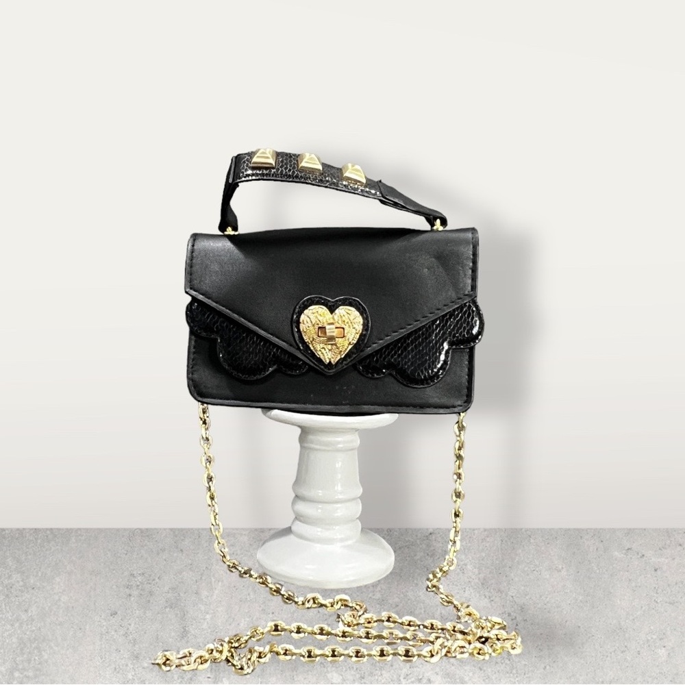 Betsey Johnson Crossbody Purse, Black w/ Angel Wing Heart Clasp